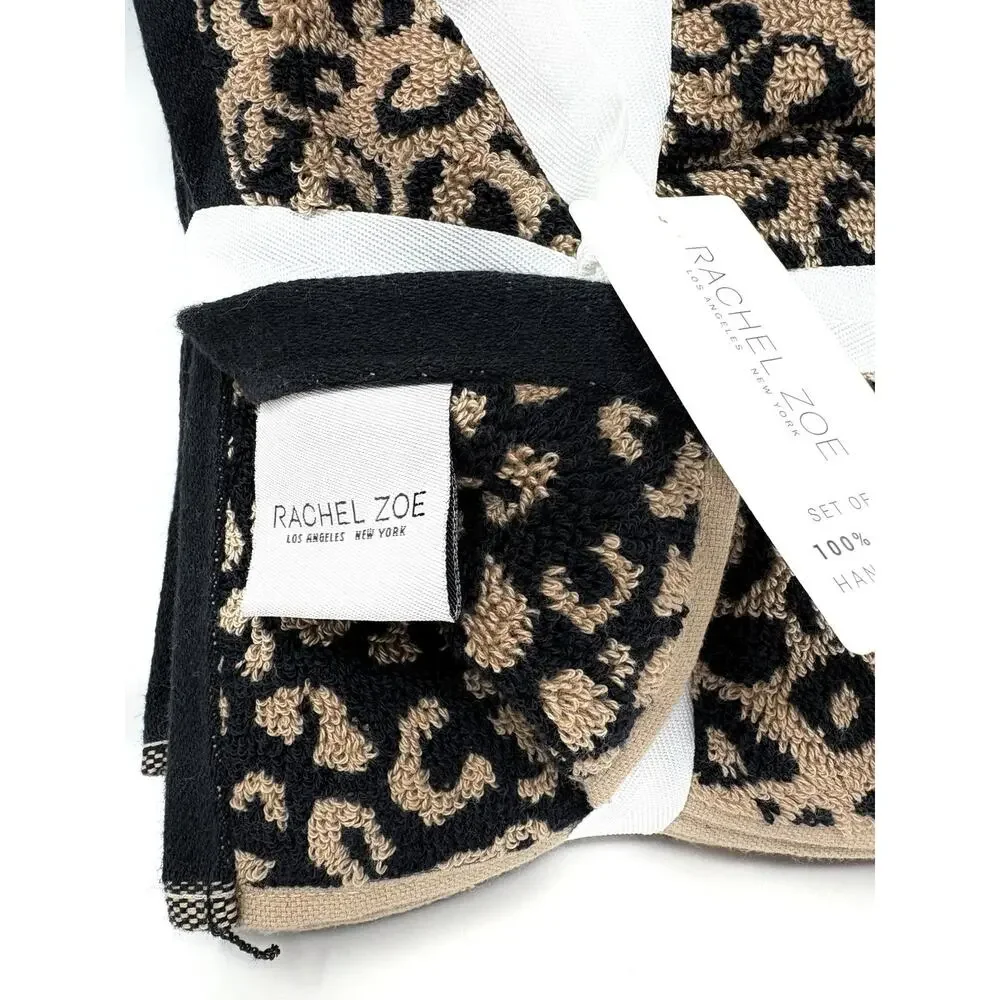 Rachel Zoe Animal Leopard Print Hand Towels Black Brown NWT Set 2 Pcs
